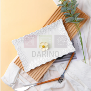 Serving Plates White Rectangular embossed Porcelain Cake Plates Rectangular Plate Ceramic Dinner Plates White for Dessert Sushi Meat Fish